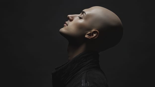 Silhouette portrait of young man with bald head and closed eyes on black background, studio shot, profile view