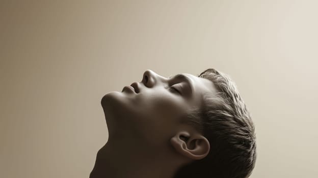 Silhouette portrait of young man raises his head up with closed eyes on beige background, studio shot, profile view