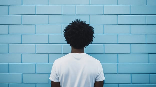 Back view of stylish modern black young man with curly hair, African guy wearing a white t-shirt against a blue brick wall background