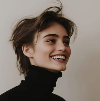 Portrait of happy young woman smiling with healthy skin, toothy smile, brunette hair, casual clothing, looking away, close up on gray background