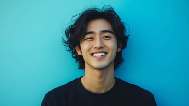Portrait of happy cheerful Asian young man in black t-shirt with toothy smile looking at camera on vivid blue studio background
