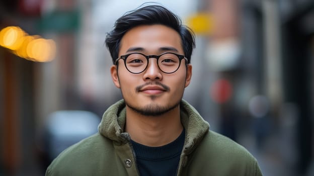 Portrait of Asian young man with glasses, modern Chinese guy looking at camera standing on city street