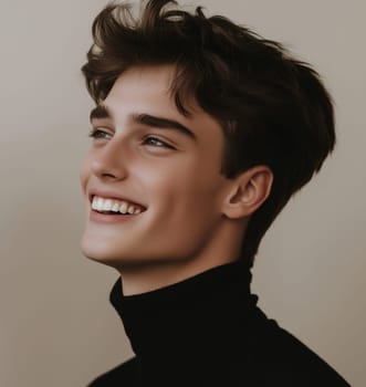 Portrait of happy young man smiling with healthy skin, toothy smile, brunette hair, casual clothing, looking away, close up on gray background