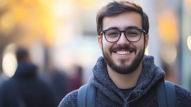 Portrait of happy modern young man smiling outdoors, male student with backpack standing on city street