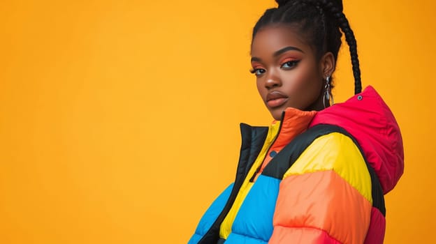 Beauty stylish portrait of fashion young African woman in jacket, beautiful trendy female model posing on vivid studio background