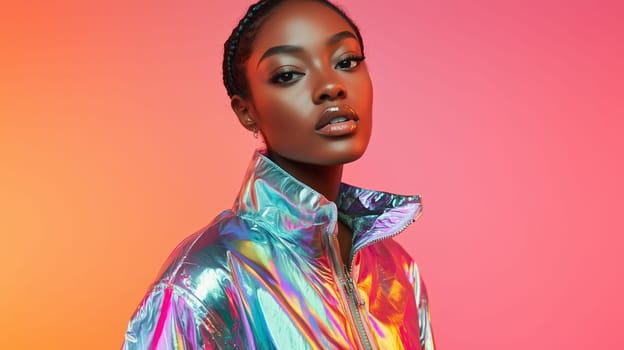 Beauty stylish portrait of fashion young African woman in jacket, beautiful trendy female model posing on vivid studio background