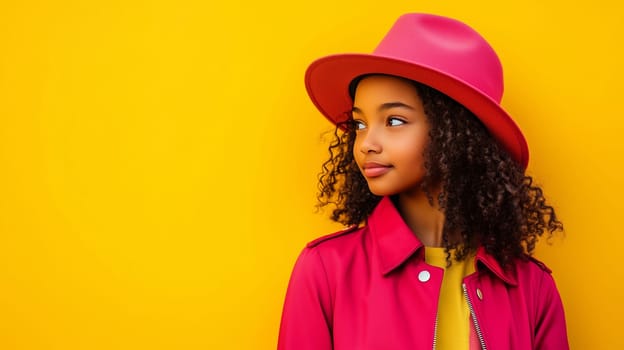 Beauty stylish portrait of fashion little girl kid African woman with pink hat, jacket, beautiful trendy female model looking away posing on vivid studio background