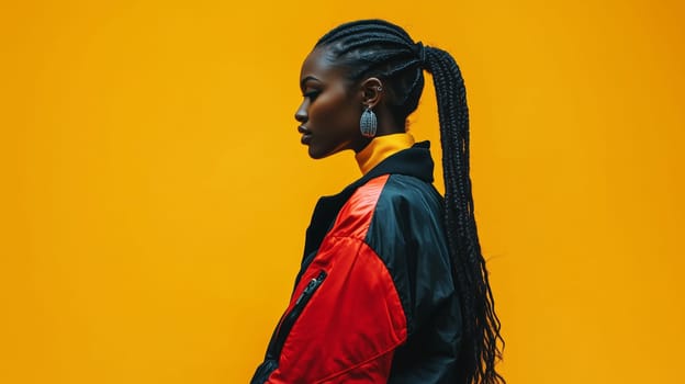 Beauty stylish portrait of fashion young African woman in jacket, beautiful trendy female model posing on vivid studio background