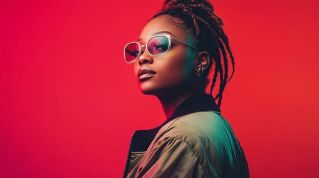 Beauty stylish portrait of fashion young African woman in jacket with glasses, beautiful trendy female model posing on vivid studio background
