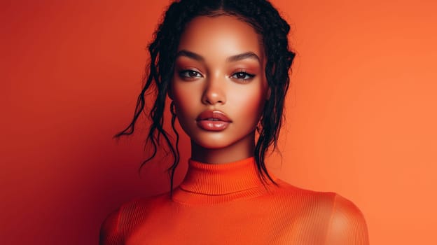 Beauty stylish portrait of fashion young African woman, beautiful trendy female model posing on vivid studio background, looking at camera