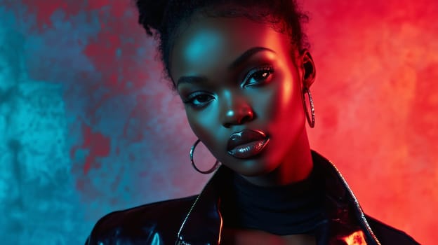 Beauty stylish portrait of fashion young African woman with earrings, beautiful trendy female model posing on vivid red studio background