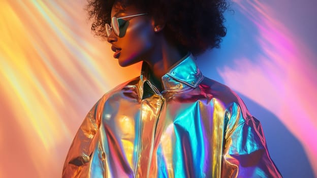 Beauty stylish portrait of fashion young African woman in jacket, beautiful trendy female model posing on vivid studio background