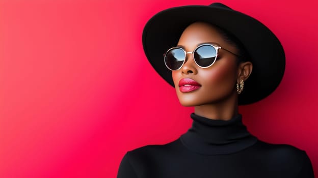 Beauty stylish portrait of fashion young African woman in hat with glasses, beautiful trendy female model posing on vivid studio background