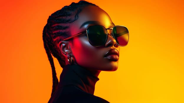 Beauty stylish portrait of fashion young African woman with sunglasses, beautiful trendy female model posing on vivid studio background