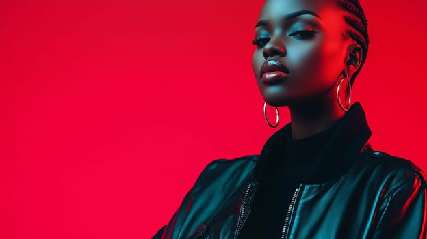 Beauty stylish portrait of fashion young African woman with earrings, beautiful trendy female model posing on vivid red studio background