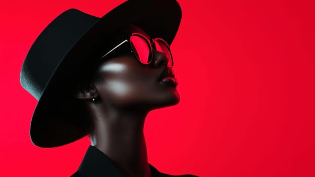 Beauty stylish portrait of fashion young African woman in hat with glasses, beautiful trendy female model posing on vivid studio background, profile side view