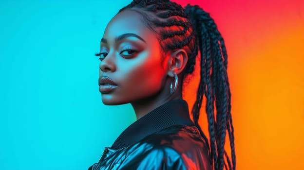 Beauty stylish portrait of fashion young African woman with dreadlocks hair, beautiful trendy female model posing on vivid studio background