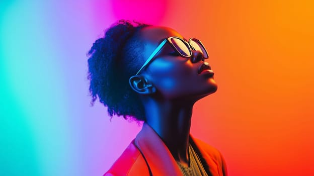 Beauty stylish portrait of fashion young African woman in jacket with glasses, beautiful trendy female model posing on vivid studio background