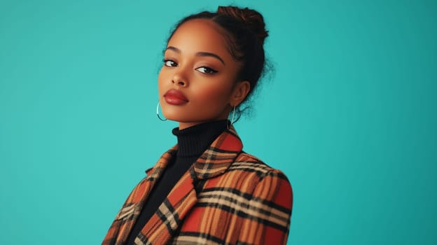 Beauty stylish portrait of fashion young African woman with earrings, wearing coat, beautiful trendy female model posing on vivid blue studio background