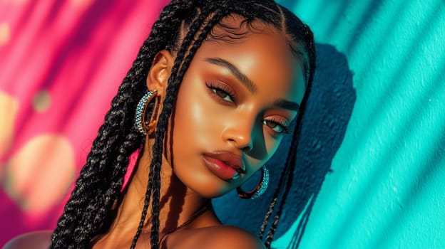 Beauty stylish portrait of fashion young African woman with dreadlocks hair, beautiful trendy female model posing on vivid studio background