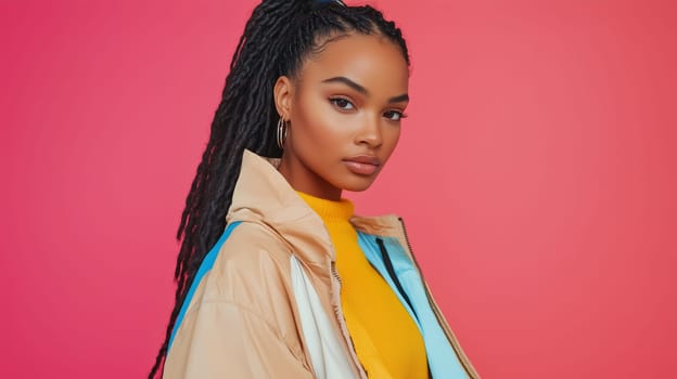 Beauty stylish portrait of fashion young African woman in jacket, beautiful trendy female model posing on vivid studio background