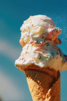 Melting ice cream cone with colorful sprinkles captured in warm sunlight against a vivid blue sky. Perfect for summer promotions, dessert branding, and playful creative visuals