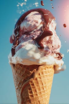 Delicious ice cream cone covered in chocolate syrup melting under the summer sun against a bright blue sky. Great for food promotions, dessert campaigns, and summer-themed visuals