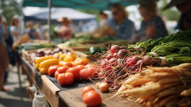 A rustic market table filled with fresh tomatoes, radishes, and vibrant peppers under sunlight. Ideal for content about farm-to-table lifestyle, healthy nutrition, and eco-conscious choices.