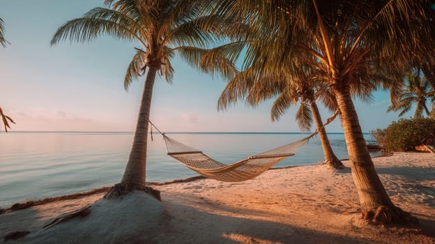 A peaceful hammock hanging between palm trees on a tranquil tropical beach at sunset. Perfect for travel content, vacation themes, wellness inspiration, and tropical lifestyle visuals