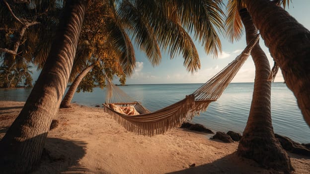 A peaceful hammock swaying between palm trees on a serene beach at golden sunset light. Perfect for wellness campaigns, vacation promotions, and summer lifestyle visuals
