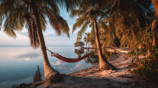A hammock stretched between palm trees on a quiet tropical beach at golden hour. Ideal for wellness campaigns, exotic vacation ads, travel blogs, and peaceful lifestyle visuals