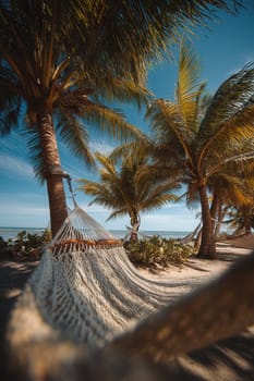 A woven hammock hanging between palm trees on a sunny tropical beach with ocean in the background and rich foliage around. Perfect for wellness visuals, vacation ads, and travel content