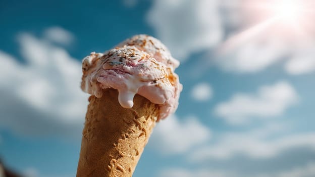 Strawberry ice cream melting in a waffle cone under a vibrant sky and bright sun. Perfect for food advertising, summer campaigns, and refreshing seasonal branding