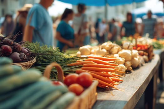 Organic vegetables like carrots and onions on a rustic market table with soft sunlight and people in the background. Perfect for eco-friendly food concepts and local agriculture visuals