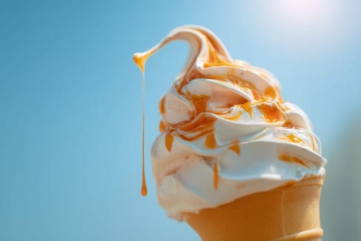 A close-up of creamy soft-serve ice cream drizzled with golden caramel sauce, set against a sunny blue sky. Great for dessert branding, summer ads, food packaging, and sweet treat visuals