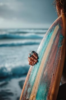 Surfer firmly holding a vibrant surfboard against a background of crashing ocean waves, capturing a moment of anticipation. Ideal imagery for adventure, sport, travel, and wellness content