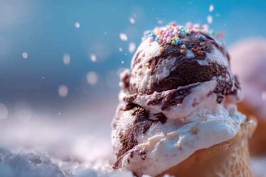 A delicious scoop of chocolate and vanilla swirl ice cream topped with rainbow sprinkles, captured in close-up against a dreamy background. Perfect for dessert branding and summer promotions