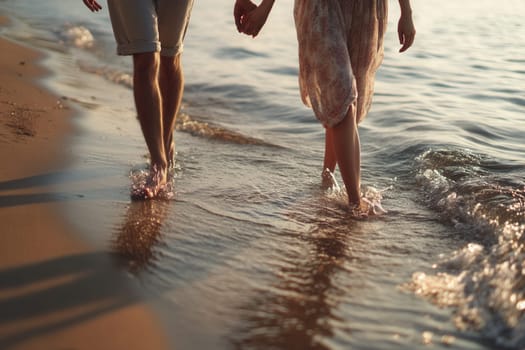 A couple walking barefoot through gentle sea waves at sunset. This romantic beach scene conveys love, tranquility, and a deep emotional bond in warm, golden light