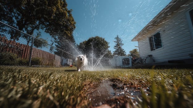 Joyful white dog playing in water spray from a garden sprinkler on a bright summer day. Perfect for pet-friendly content, backyard lifestyle, and warm weather themes