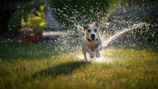 Happy Jack Russell terrier running through backyard sprinkler on a sunny summer afternoon. Perfect for pet-friendly visuals, outdoor lifestyle, summer campaigns, and energetic animal moments