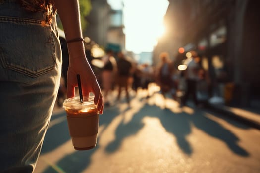 Stylish woman holding iced coffee while walking through a busy city street during golden hour. Perfect for lifestyle, urban fashion, summer vibes, or coffee-themed content