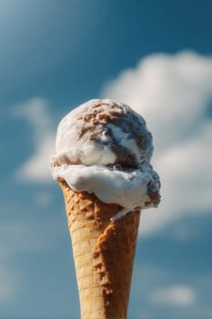 A creamy chocolate and vanilla ice cream cone melting under the summer sun with a blue sky and soft clouds in the background. Great for dessert ads, summer themes, and food visuals