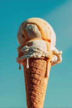 Close-up of melting vanilla ice cream topped with rich caramel syrup on a sunny day. Ideal for dessert branding, seasonal ads, food packaging, and confectionery campaigns