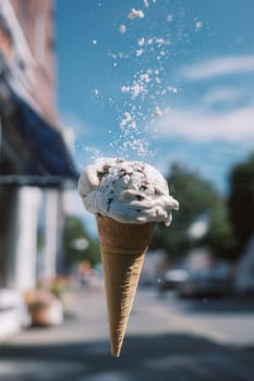 A dynamic image of a chocolate chip ice cream cone caught mid-air with sprinkles flying off against a clear summer sky. Perfect for food brands, seasonal promos, or creative visuals