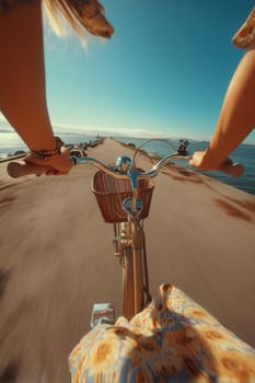 POV image of a woman biking on a seaside pier during golden hour. Perfect for travel content, healthy lifestyle visuals, vacation stories, and outdoor summer adventure campaigns