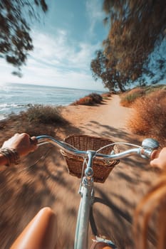 POV image of a woman cycling along a scenic coastal trail with motion blur. Perfect for active lifestyle themes, summer adventures, outdoor travel content, and fitness promotions