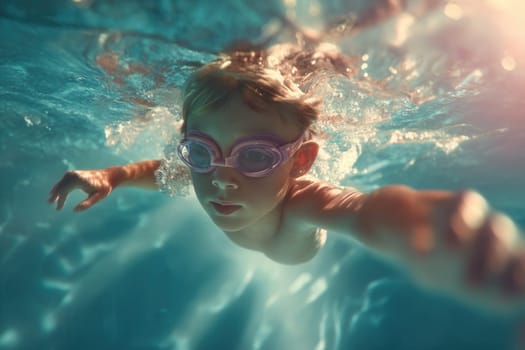 Underwater shot of a young girl in goggles swimming toward the camera in clear, glowing water. Ideal for summer themes, kids' sports campaigns, and poolside lifestyle visuals