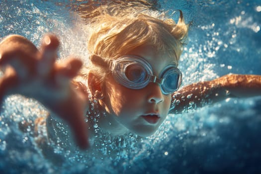 A focused child swimming underwater with goggles, illuminated by warm sunlight. Great for sports concepts, summer activities, childhood moments, and swimming safety visuals.