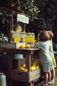 Two children at a rustic lemonade stand in a backyard filled with lemons and glass jars. Great for themes of childhood, summer fun, entrepreneurship, and wholesome outdoor moments