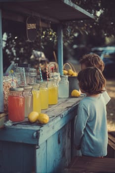 Two children at a vintage-style lemonade stand filled with colorful juices and fresh lemons. Ideal for visuals about summer memories, outdoor markets, small businesses, and childhood fun